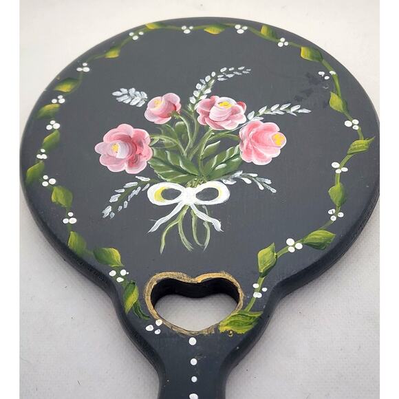MIRROR-HAND HELD VANITY-Hand Painted-Gray-Floral-Leaves-Heart - Picture 6 of 9
